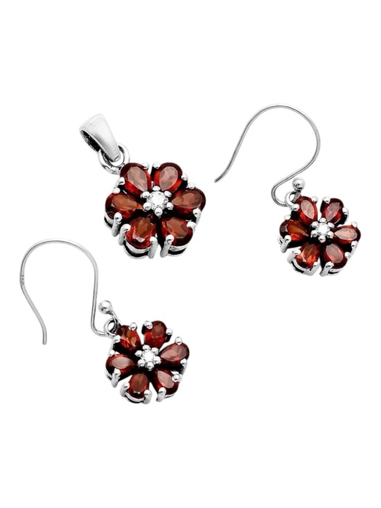 Garnet Solid 925 Sterling Silver Pendant & Earrings Set